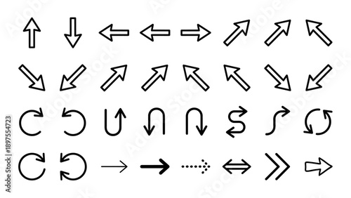 Collection of 24 Minimalist Directional Arrow Line Icons Featuring Up Down Left Right Diagonal Curved Circular U-Turn and Dotted Styles for Web Design User Interface and Navigation Graphics.