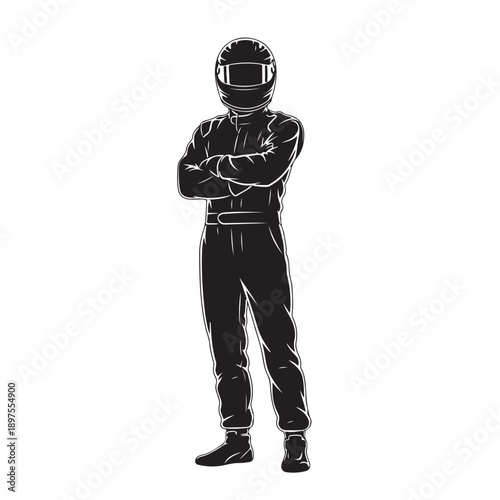 Racing Driver in Monochromatic Illustration with Arms Crossed in Bold Graphic Style for Sports Branding