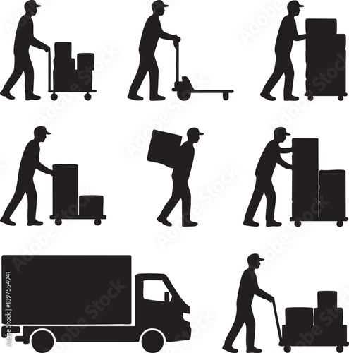 Collection of Silhouette Icons Depicting Various Aspects of Logistics and Delivery Services