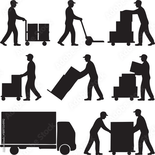 Collection of Silhouettes Depicting Various Manual Labor and Logistics Activities, Including Moving Boxes with Hand Trucks and Loading a Truck