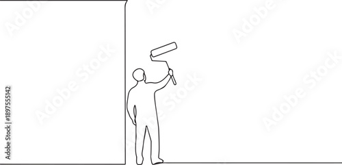 Man repair worker holding paintbrush roller one continuous line art, Vector illustration, One line art, Line art graphic style