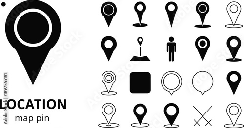 Collection of black and white location map pin icons and symbols Keywords: map pin, location, marker, pin, navigation, pointer