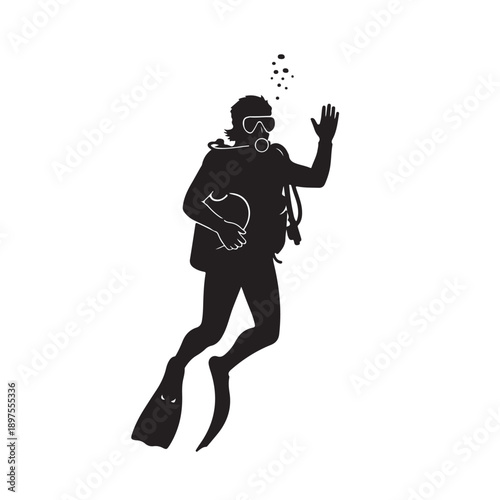 Scuba Diver Silhouette Waving Hand in Black and White Illustration on Isolated White Background for Adventure Tourism