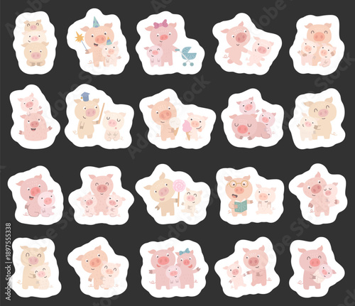 Pig family character set in scandinavian style showing different emotions and poses, parent relationships through care learning play rest life moments