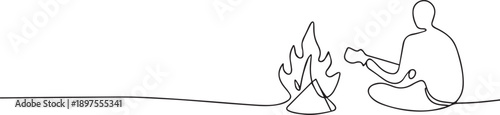 Man with campfire continuous line art, Vector illustration, One line art, Line art graphic style