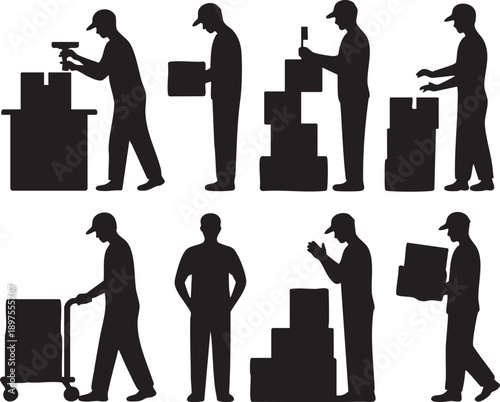 Dynamic silhouettes of male workers in logistics, depicting packing, lifting, and transporting boxes, symbolizing efficient warehouse and delivery operations