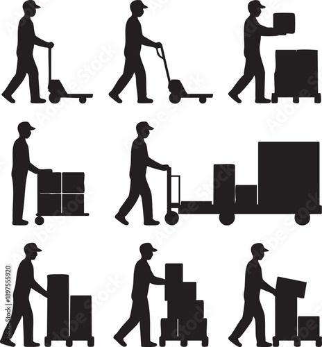 Diverse range of silhouette figures utilizing various types of carts and dollies for efficient material handling and logistics tasks