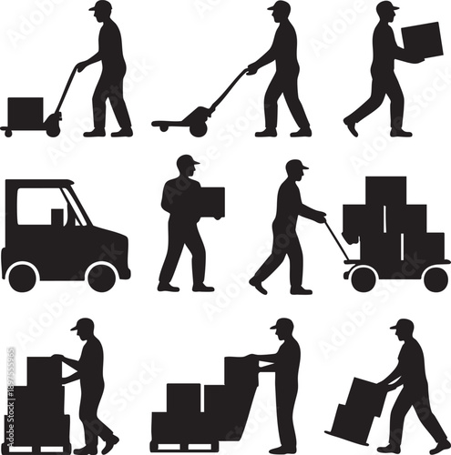 Diverse Silhouettes of Warehouse Workers and Delivery Personnel Engaged in Manual Labor, Moving, and Logistics Tasks with Forklifts and Dollies