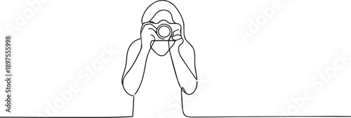 Man holding camera one continuous line art, Vector illustration, One line art, Line art graphic style