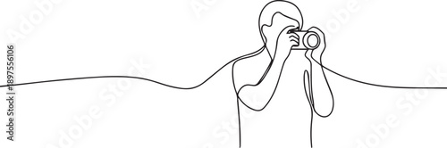 Man holding camera one continuous line art, Vector illustration, One line art, Line art graphic style