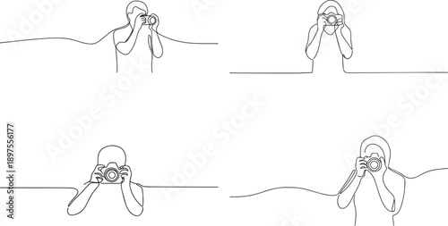 A group of Man holding camera one continuous line art, Vector illustration, One line art, Line art graphic style