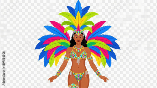Woman in colorful carnival costume with feathers and jewels dancing