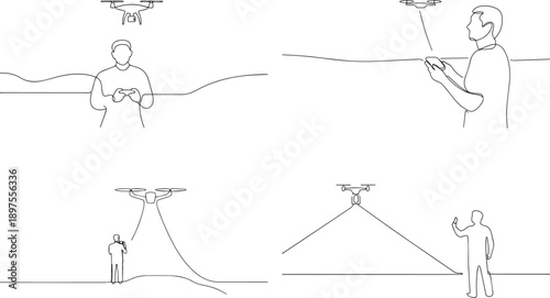 A group of Man controls a drone one continuous line art, Vector illustration, One line art, Line art graphic style