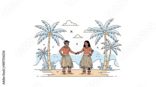 Couple in traditional attire holding hands on tropical beach with palm trees