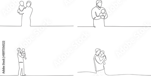 A group of Man holding child one continuous line art, Vector illustration, One line art, Line art graphic style