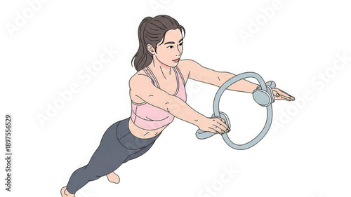 Woman doing exercise with pilates ring in fitness class