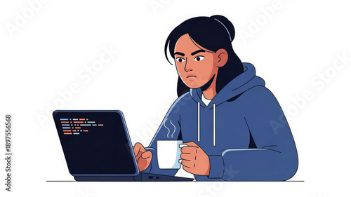 Woman coding on laptop with coffee cup in hand focused expression
