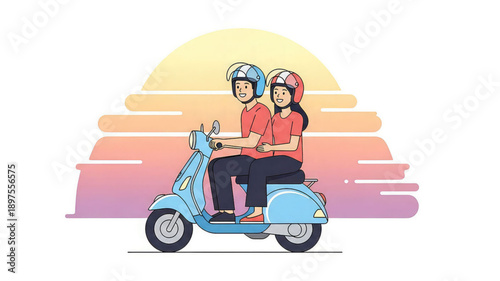Couple riding blue scooter at sunset with helmets