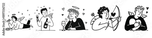 Hand drawn valentine cupid cherub doodle illustrations with hearts wine and pizza for love and romance themes