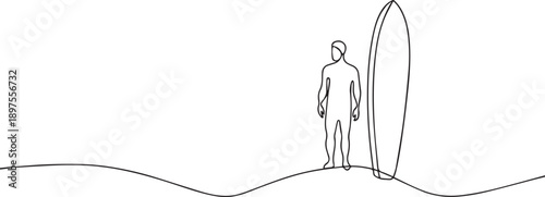Man holding surfboard one continuous line art, Vector illustration, One line art, Line art graphic style