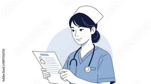 Female nurse in blue uniform reading medical document with stethoscope