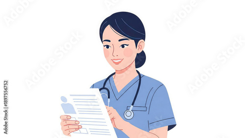 Female nurse holding medical chart and pen in blue scrubs