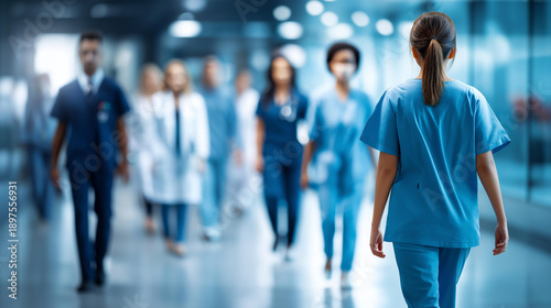 Healthcare workforce gaps concept, faceless medical professionals in defocused hospital corridor, staffing challenges, care delivery, population health needs, with copy space