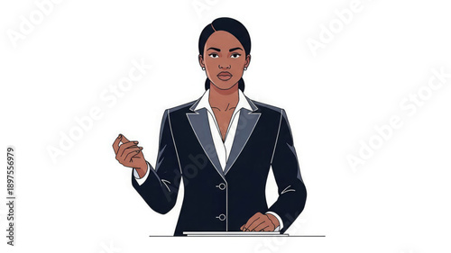 Professional woman presenting with confidence and authority in business attire