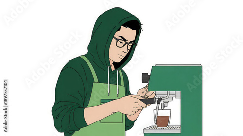 Barista in green hoodie making coffee with espresso machine