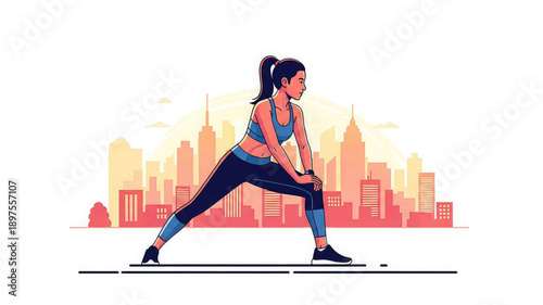 Woman stretching in athletic wear with city skyline background at sunset