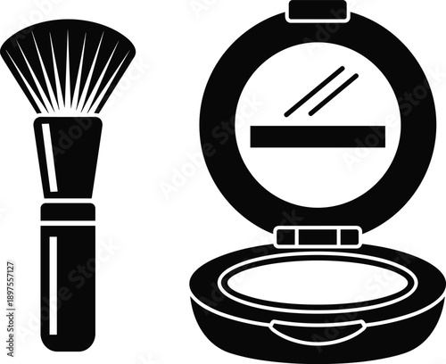 Makeup Brush and Compact Powder Mirror Icon Set Featuring Black and White Cosmetic Tools for Beauty Branding Salon and Professional Artistry