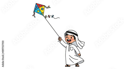 Young boy in traditional middle eastern clothing flies colorful kite outdoors