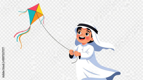 Happy boy in traditional middle eastern clothing flying colorful kite outdoors