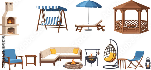 Outdoor Patio Furniture Set Featuring Gazebo Garden Swing Sunbed Fire Pit Lounge Sofa And BBQ Grill For Backyard Leisure Design