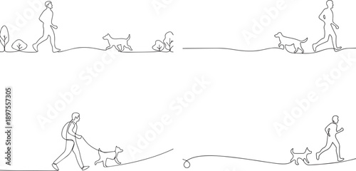 A group of Man with dog one continuous line art, Vector illustration, One line art, Line art graphic style