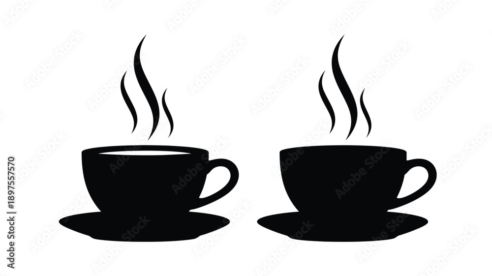 Obraz premium Two black coffee cups with rising steam a simple silhouette