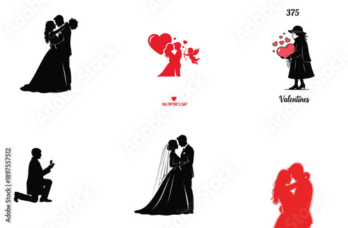 Romantic Couple Silhouette Vector Illustrations for Valentine's Day