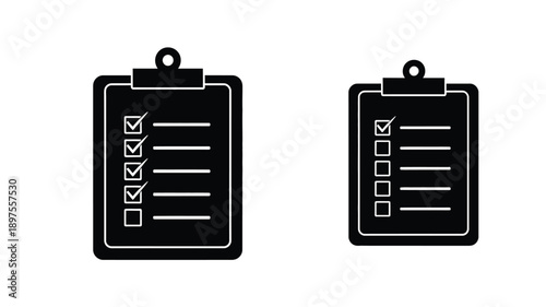 Two black clipboards with checklists one completed in stark silhouette