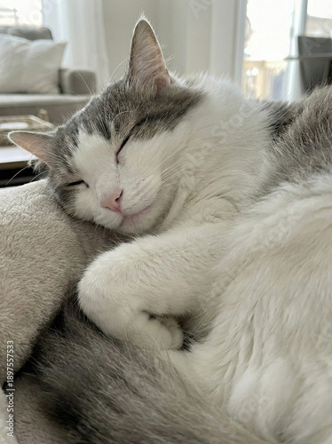 A Cat's Serene Slumber: A peaceful cat nestled in a comfortable embrace, its eyes closed in a moment of tranquil repose and contentment. Captured in a close-up.