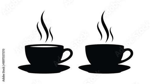 Two black coffee cups with rising steam a simple silhouette