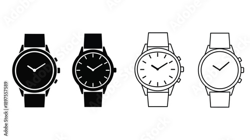 Four wristwatches in varying styles a monochrome depiction silhouette
