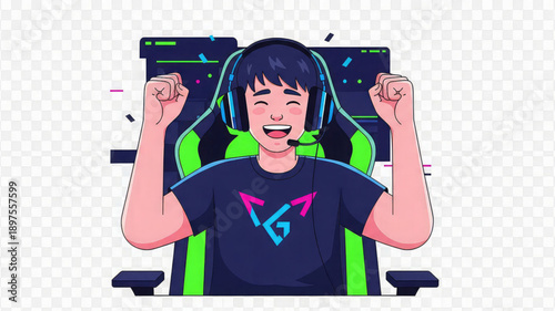 Young gamer celebrates victory with fists raised in neon lit gaming chair