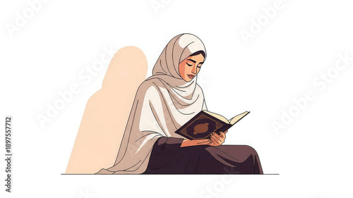 Woman wearing hijab reading book sitting on floor with shadow
