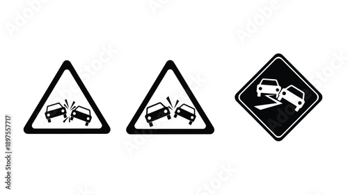 Road warning signs depicting dangerous curves and vehicle crashes silhouette