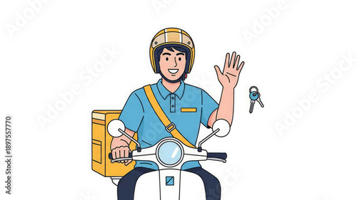 Delivery man on scooter waving with food box and keys