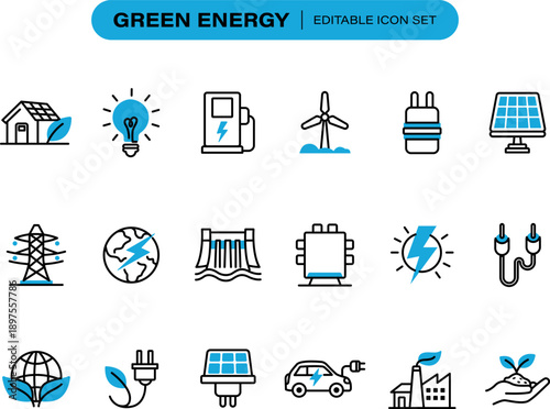 Green Energy lineart Icons Set. Including Renewable Energy icon sheet for UI Website app, Power, Eco Friendly illustration,  Solar, Wind Power, Vector clipart
