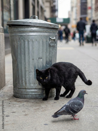 Urban Cat and Pigeon: A sleek black cat stands near a metal trash can, its bright eyes fixed on a pigeon. Captured on a bustling city street, this moment shows the balance of nature in urban life. 