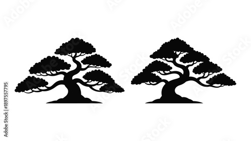 Two japanese bonsai tree depictions in stark contrast silhouette