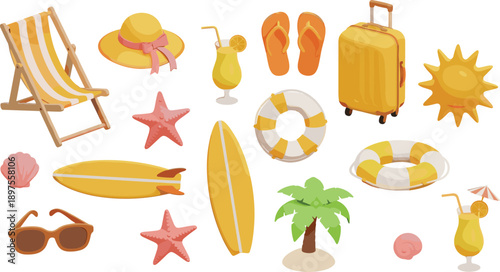 Travel and Vacation Flat Vector Illustration Set Featuring Airplane Suitcase Passport Maps Camera Globe Palm Tree and Beach Accessories Icons