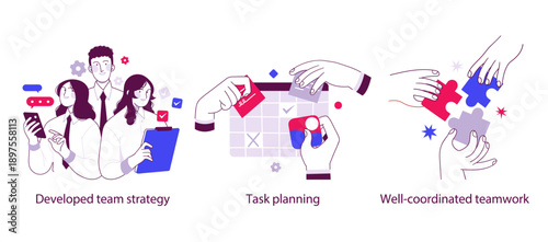 Flat outline illustration showing a developed team strategy, structured task planning, and well coordinated teamwork through collaboration, organization, and shared goals.